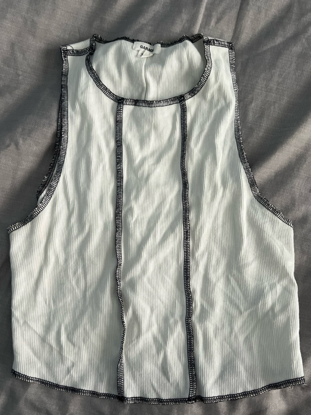 Garage White Ribbed Tank with Black Contrast Seams